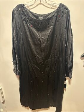 DKNY Black Satin Studded Round Neck packet Shift Dress Brand New Orig 345